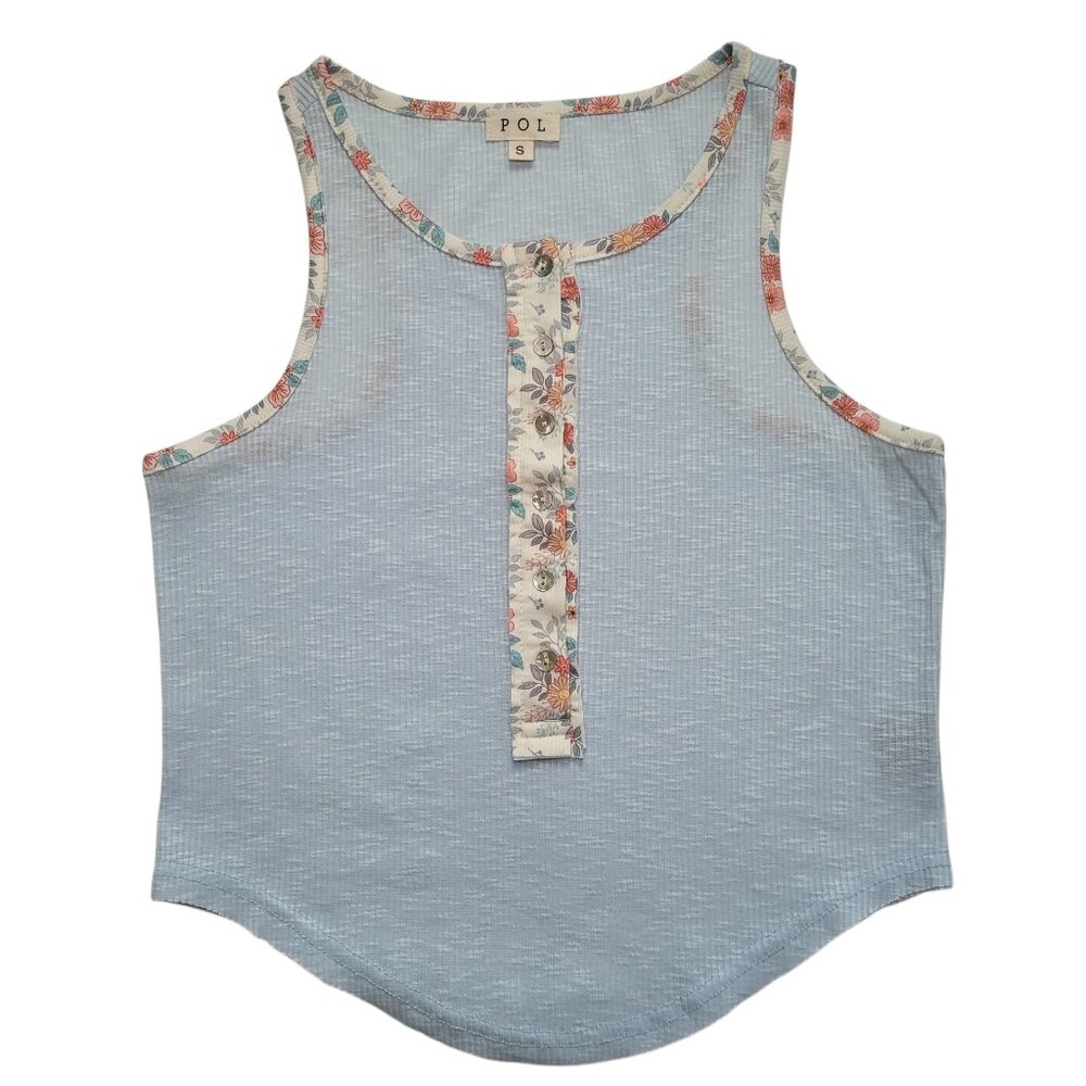 POL Henley Ringer Tank Top Floral Blue Small Boho Coastal